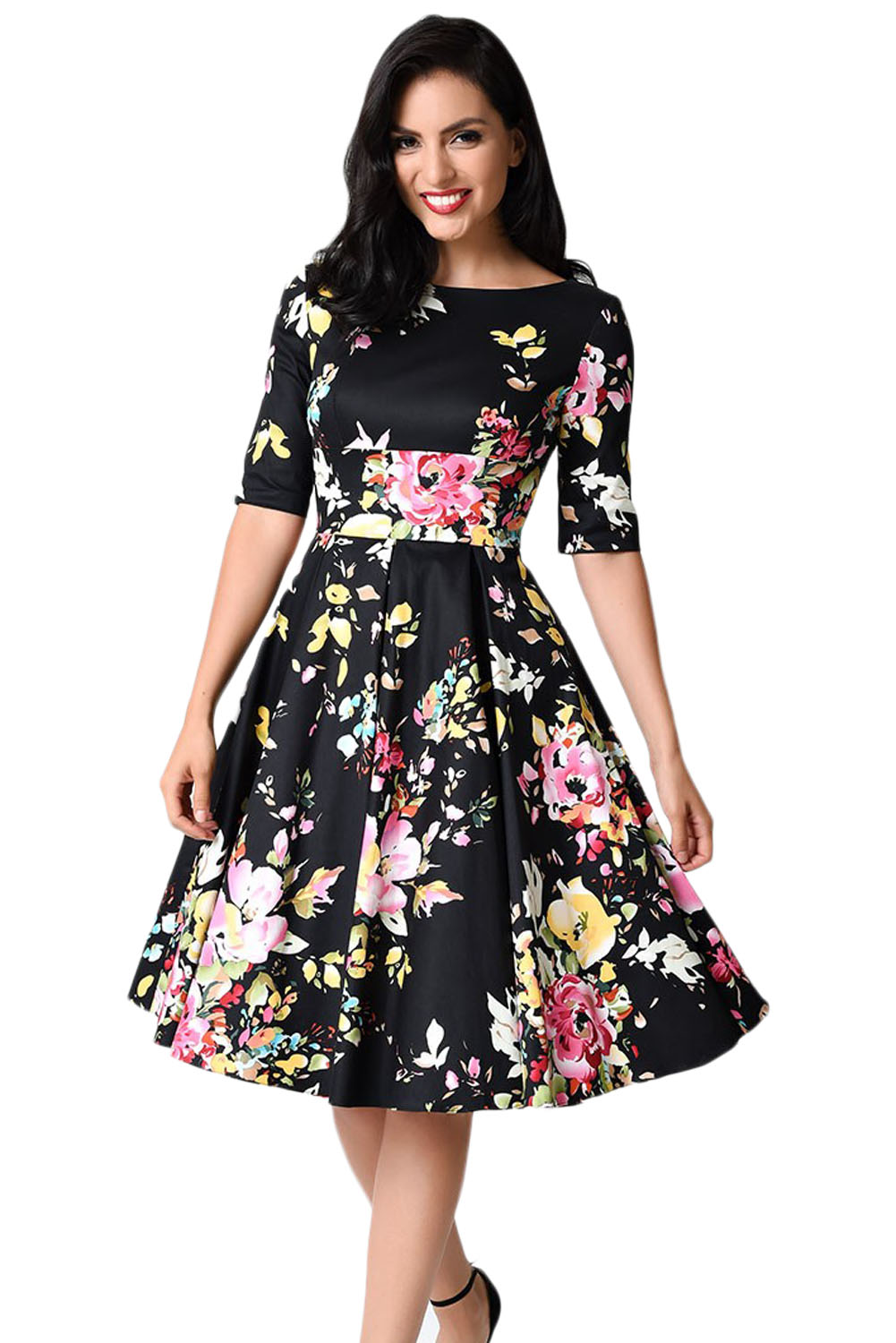 BY61702-2 Black Vintage Style Floral Half Sleeve Swing Dress